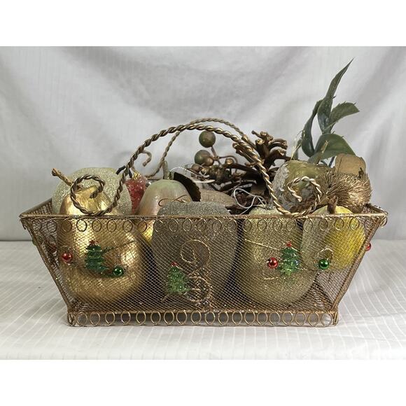 Rustic Holiday Decor Artificial Fruit Filled Gold Wire Basket Set - Picture 3 of 5